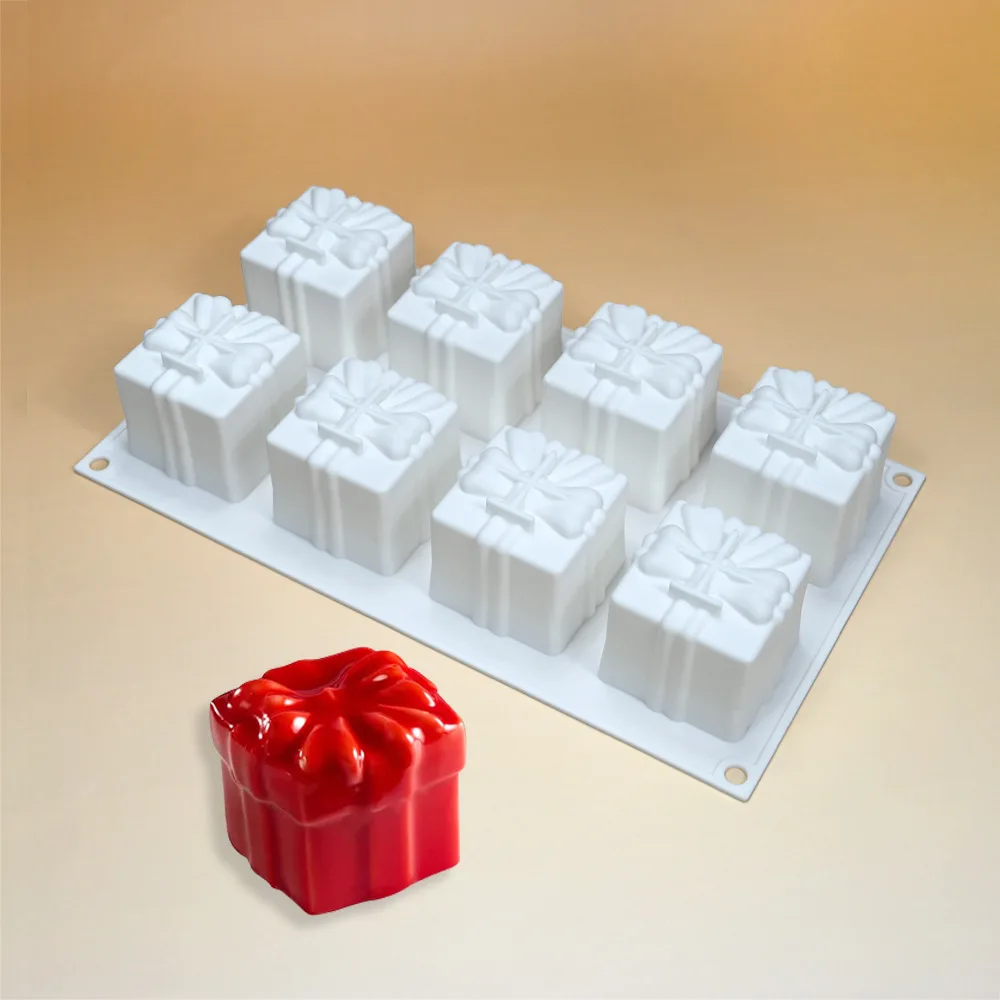 8-link Bow Gift Box French Mousse Mold Cubic Square Chocolate Silicone Mould Christmas Cake Baking Tools