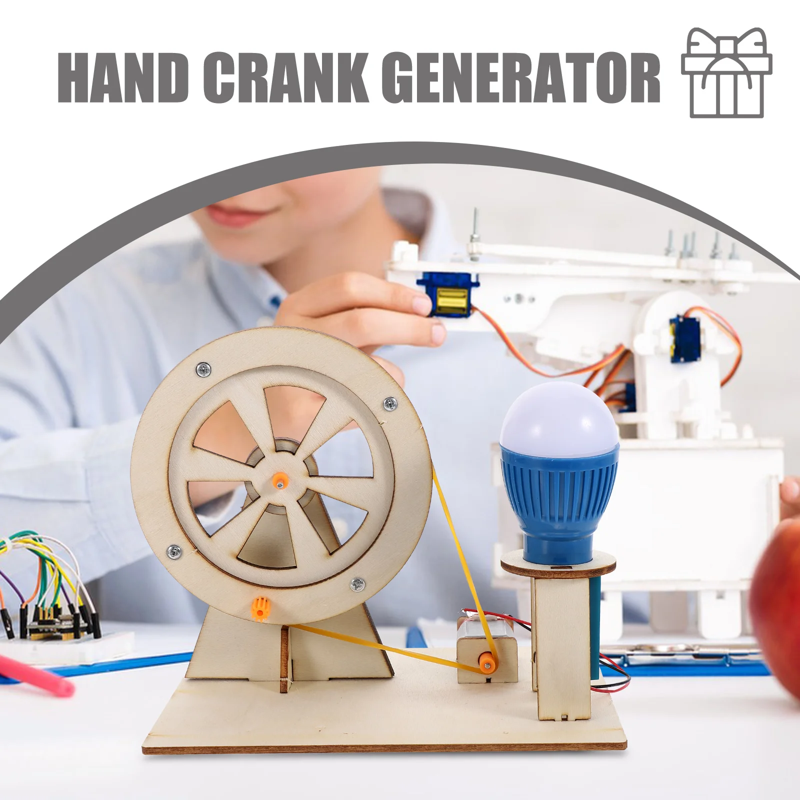 Drewniany generator ręczny DIY dla dzieci, zestaw edukacyjny do nauki mechaniki, zestaw do nauki zasady działania mechaniki, generator ręczny.