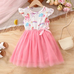 Summer Girls Dress For Kids 1-8 Years old Fashion Cute Cartoon Unicorn Ruffled Tulle Sleeve Princess Dresses For Holiday