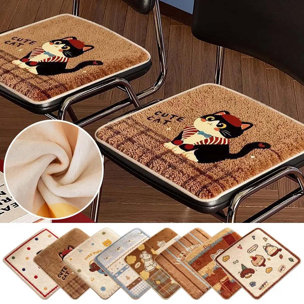 Cartoon Chair Cushion 40x40cm Thick Imitation Cashmere Non Slip Dining Pad Cute Cat Winter Warm Seat Mat Office Home Decor