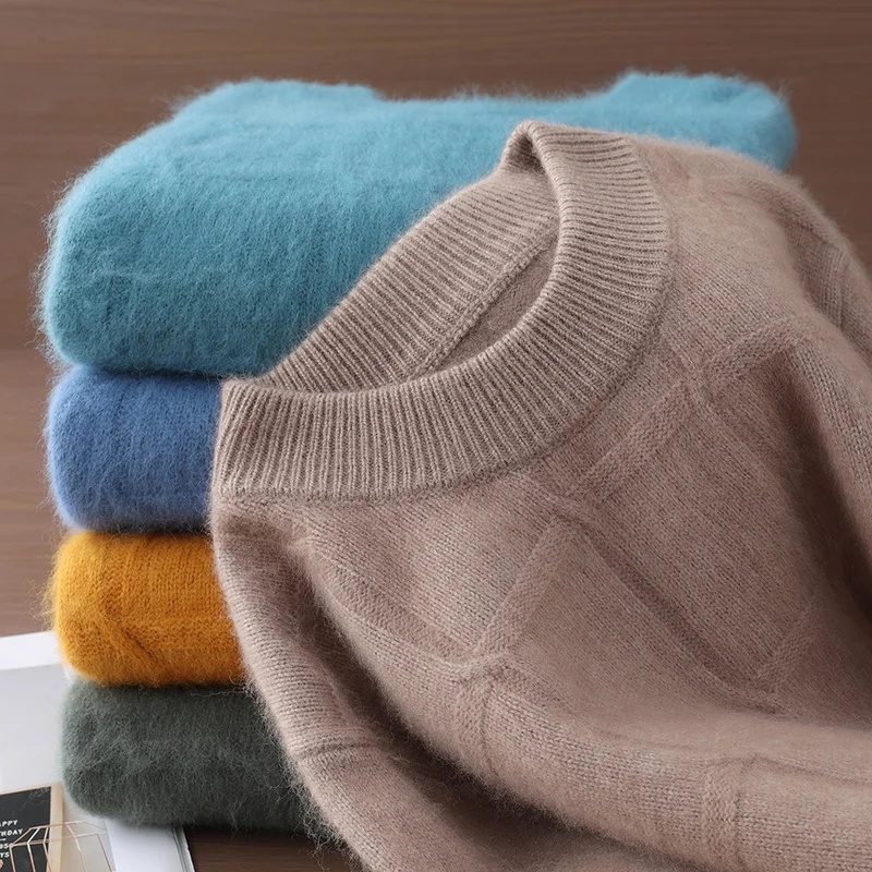 100% Mink Cashmere O-Neck Pullover Autumn Winter Clothing Square Patterned Fur Sweater Cozy Warm Knitwear for Fall Winter Season