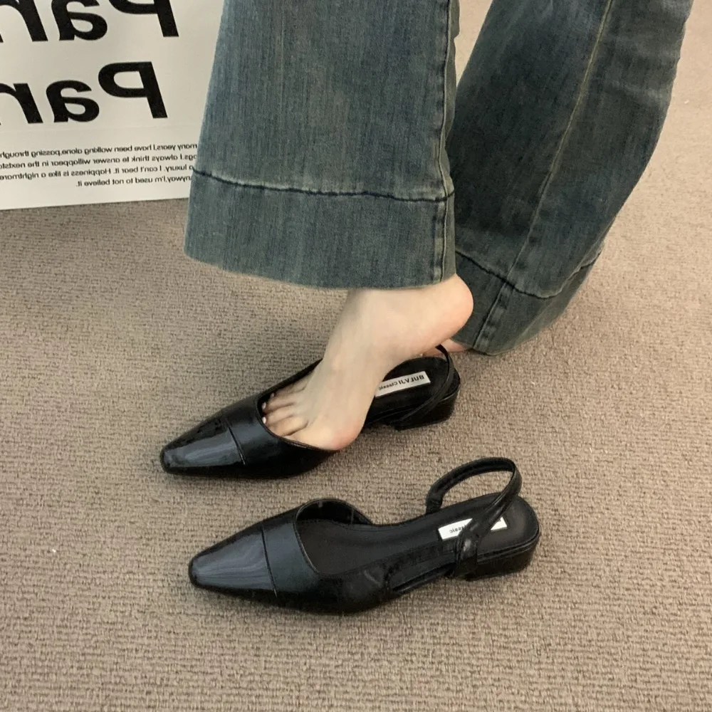 Sandalias Baotou de tacón bajo color nude francés para mujer, con punta, tacón grueso y estilo retro, calzado individual para dama.