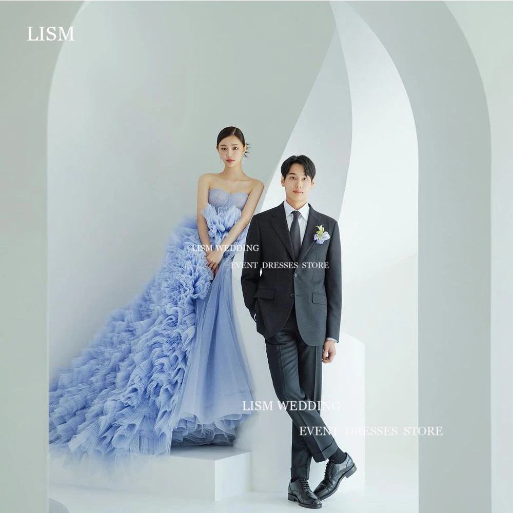 LISM Princess Blue Wedding Dress Strapless Sleeveless Bridal Gown Soft Tulle Pleats 신부 예복 For Korea Photoshoot Custom Made