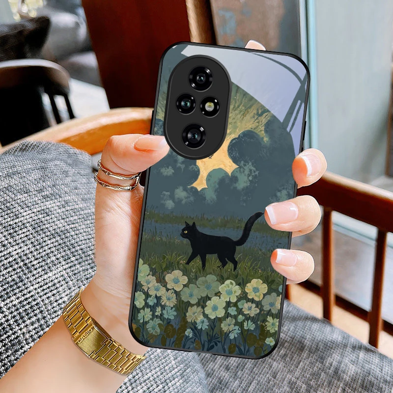 

Grass black cat For Honor 90 Lite X8A X8B X9C X5b 90 Pro 200 Lite M agic5 P ro Magic7 Lite 5G 70 X6A 9X Black glass phone case