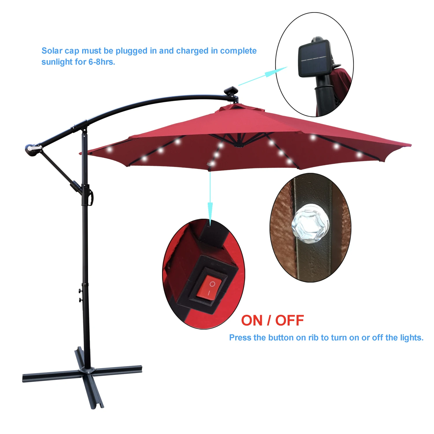 10 ft Outdoor Patio Umbrella Solar Powered LED Lighted 8 Ribs Umbrella with Crank and Cross Base for Garden Outside Deck Swimmin