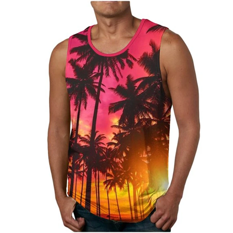 

New Summer Fashion Men's Sleeveless Tank Tops Classic Hawaiian Beach Coconut Print Men's Vest Sports Vest Men Sleevelees Tops