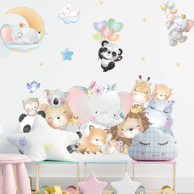 Nordic Cartoon Animals Wall Stickers for Children Kids Rooms Girls Boys Baby Room Decor Cute Elephant Giraffe Panda Wallpaper