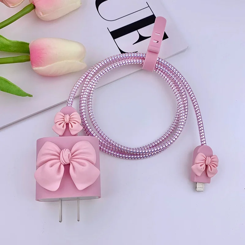 New Cute 3D Bowknot Protector For iphone 12 13 14 18 20W Original Charger Protection Cover Spira Data Line Winder Accessories