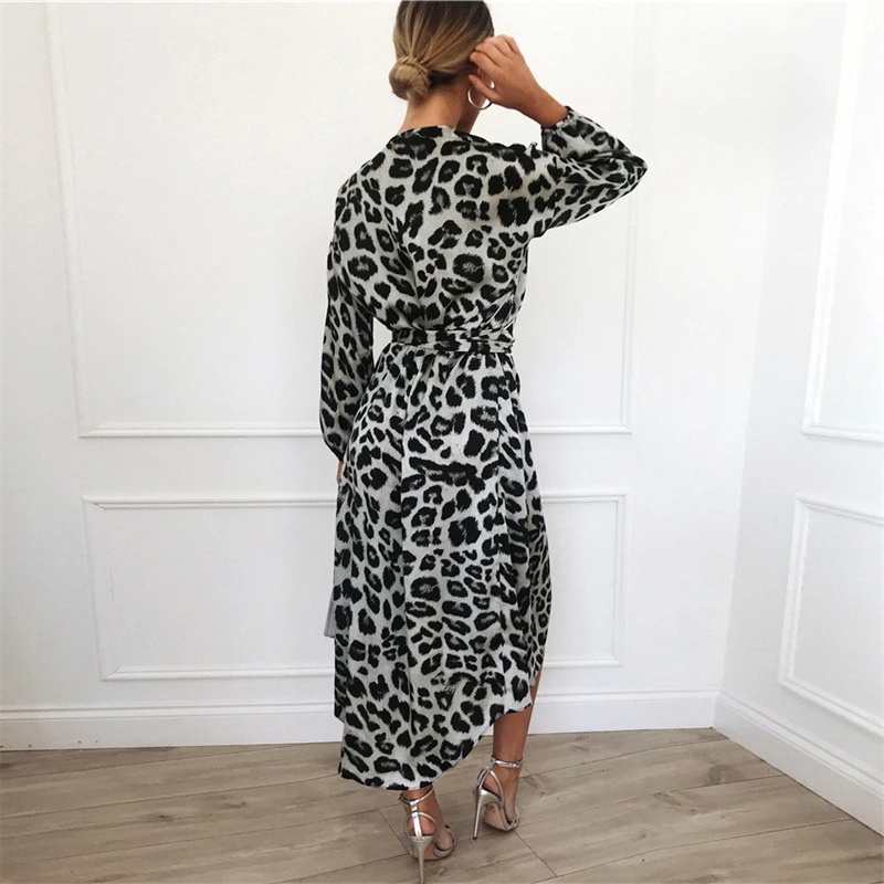 Leopard print V-neck long sleeved lace up dress