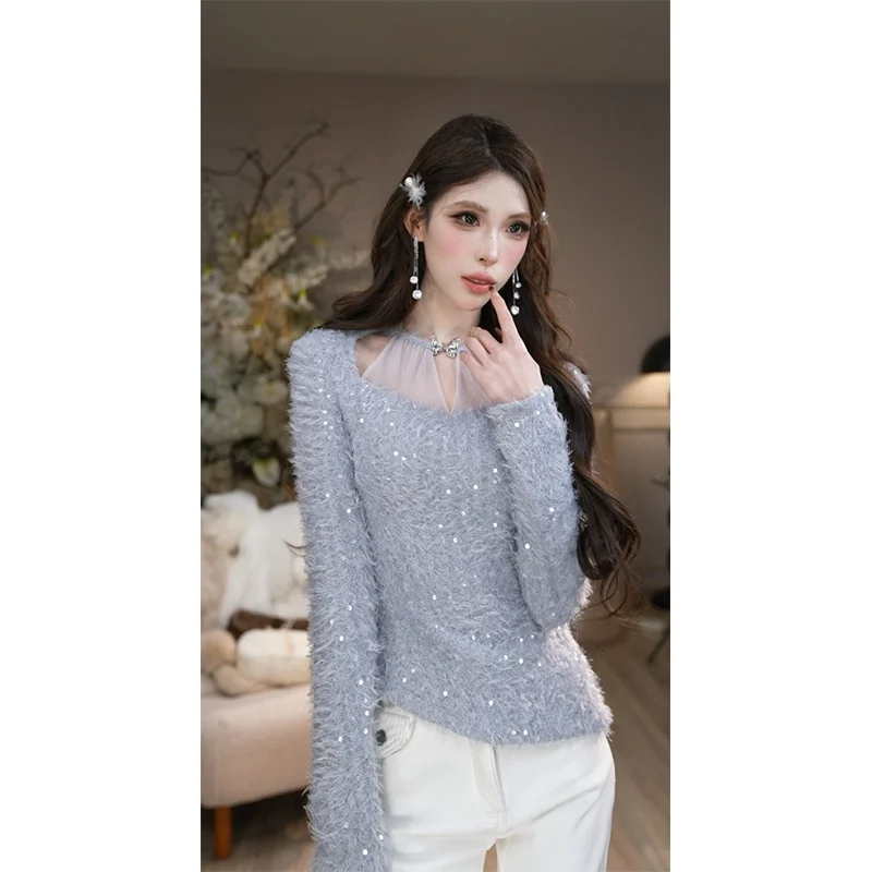 

Свитер женский Auntie Pan's Gentle Aosphere Blue Island Wind Bell Design Sensation, из мягкого трикотажного полиэстера, французский стиль, вязаный