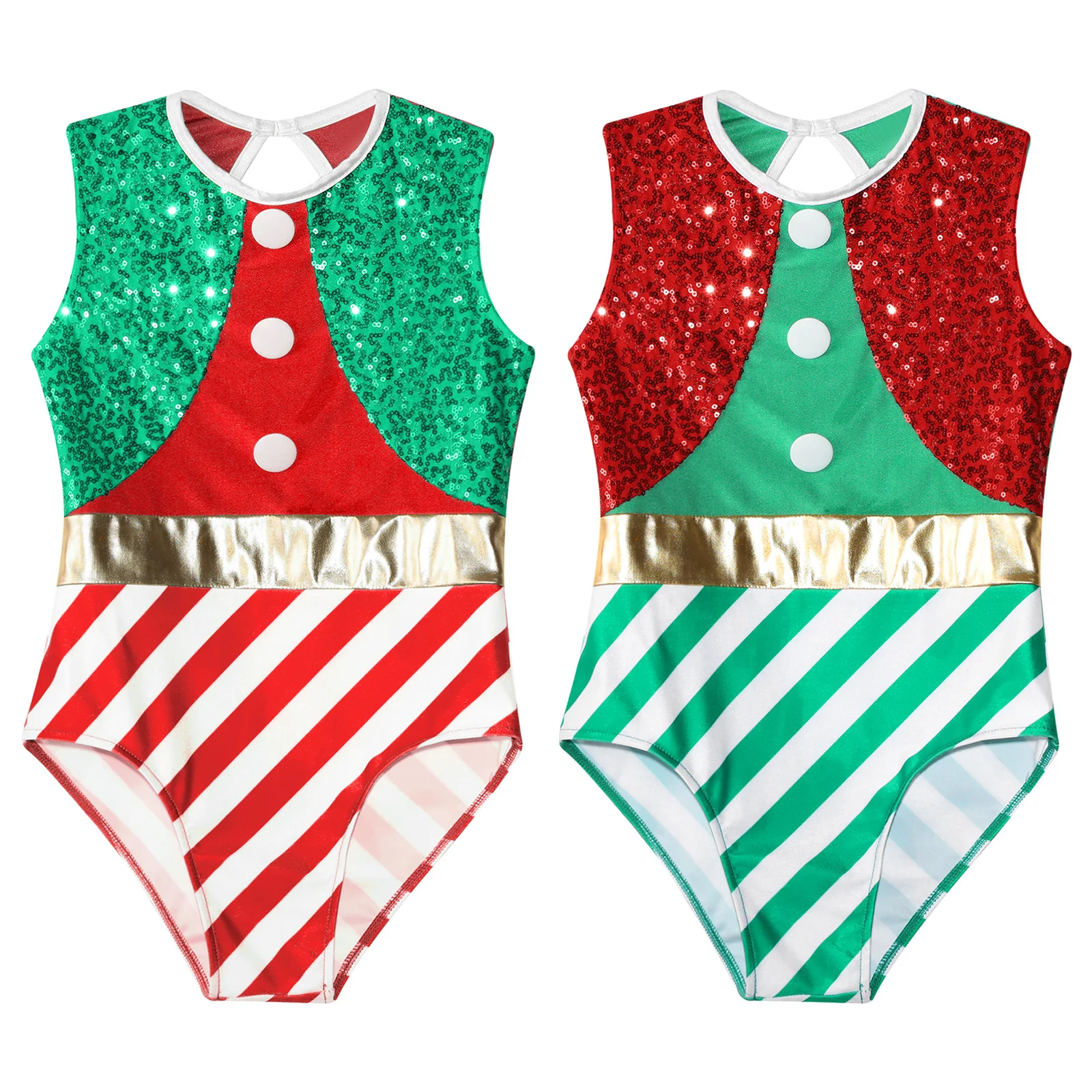 Children Girls Christmas Ballet Dance Gymnastics Skating Leotard Sleeveless Sequins Stripes Bodysuit for Xmas New Year Halloween