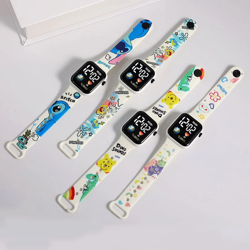 Stitch Kids' Anime Watches Disney Cartoon Character Pool Bear Figures LED Touch Waterproof Child Electronic Watch Birthday Gifts