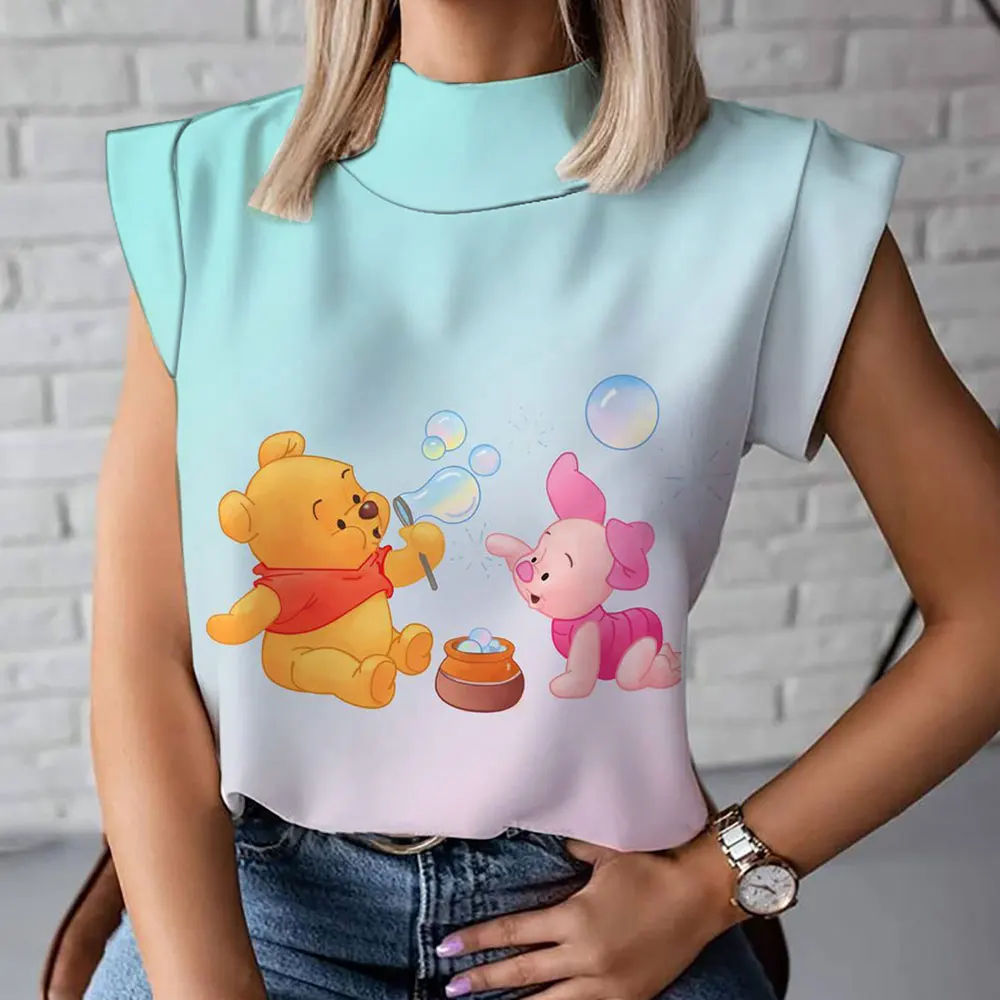 Ursinho Pooh feminino camiseta de gola alta, manga curta, confortável, casual, elegante