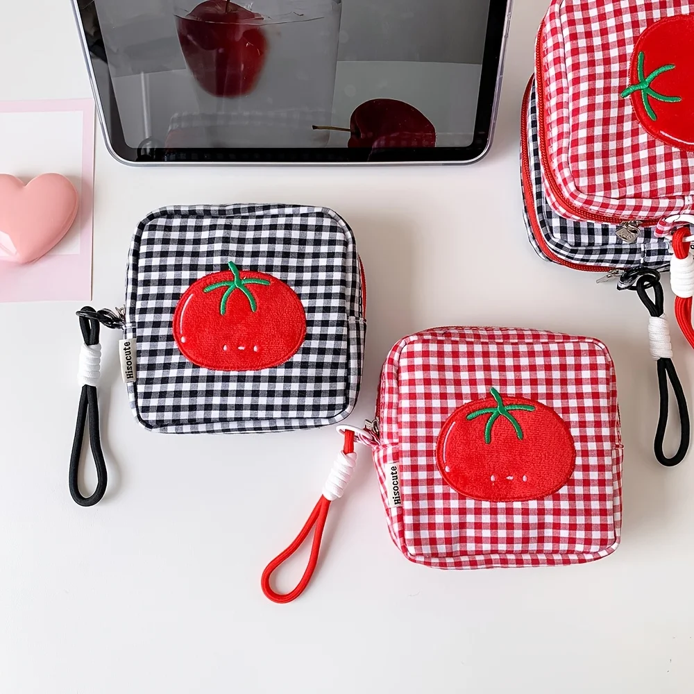 A Cartoon Tomato Square Coin Purse, Makeup Bag, Portable Data Cable Storage Bag, Plaid Coin Purse