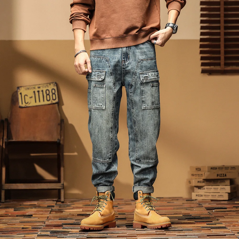 High quality long cargo jeans for men plus size multi pocket stone wash cotton denim vintage trousers new 2024 clothing - blue