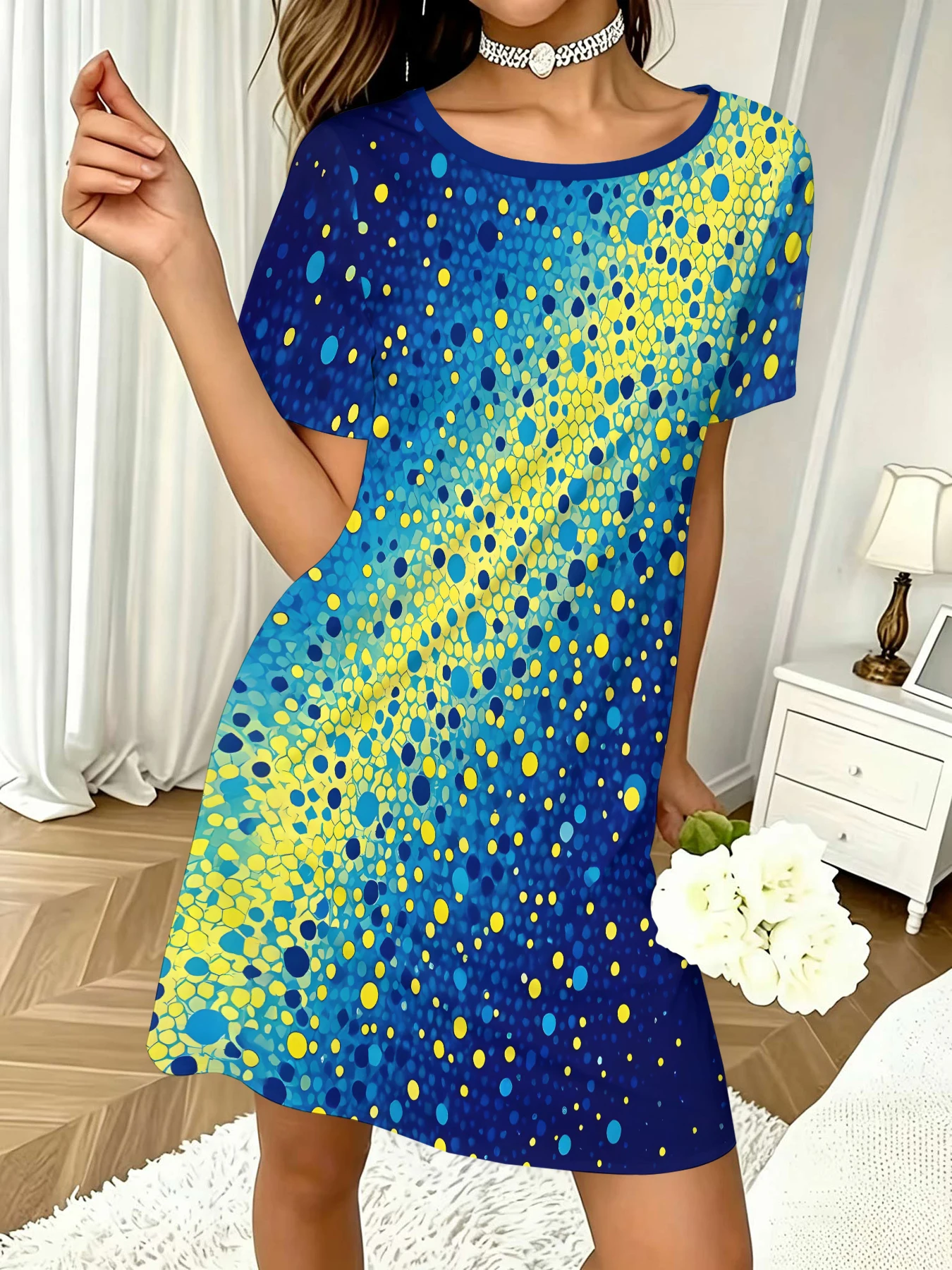 Women's Round Neck Short-Sleeved Dress, Royal Blue Base with Yellow and Blue Polka Dots, Mosaic Scale Texture, All-Over Print, A-Line Casual Dress