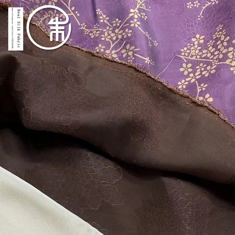 High Quality Purple Background Plum Blossom Fragrant Cloud Yarn Silk Fabric Designer Cloth Real Silk Cheongsam Dress 30momme