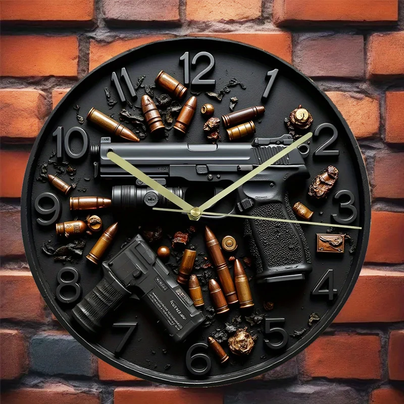 Art Wooden Round Wall Clock with Gun & Bullet 2D Flat Pattern Silent Quartz Wood Plate Clocks Decor for Home Living Room Bedroom