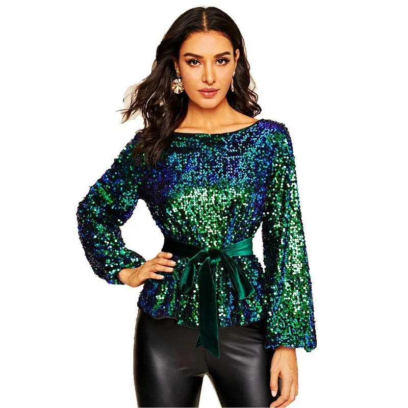 

Trendy Women's Blouses 2024 Autumn Solid Color Waist Sequin Fashion Personality Pullover Personality Casual Streetwear Shirt Top