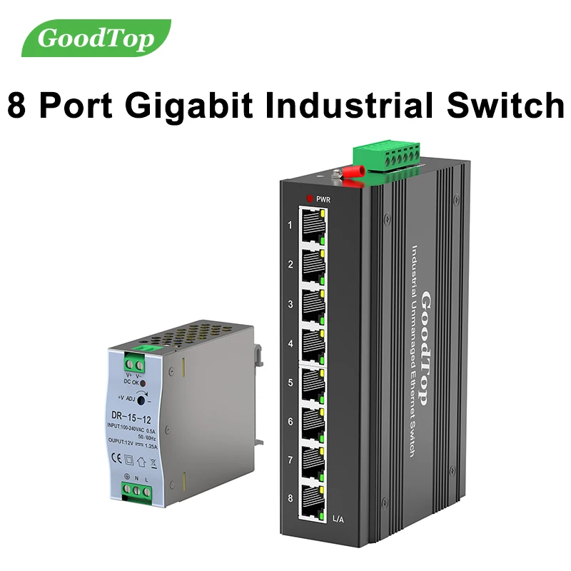 GoodTop 8 Port Gigabit Industrial Switch with DIN Rail 15W Power Supply 1000M Unmanaged Ethernet IP40 One-Key VLAN