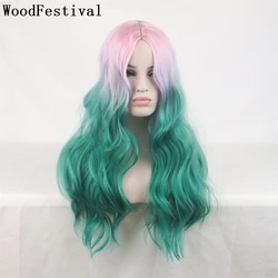 WoodFestival Synthetic Hair Wigs For Women Grey Wig Cosplay Long Red Blonde Blue Black Pink Brown Wavy White Ombre Green Rainbow