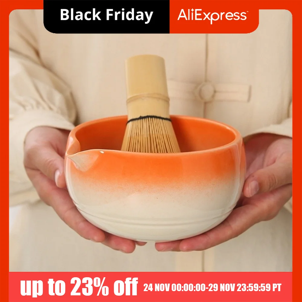 

Traditional Ceramic Matcha Bowl Handmade with Pouring Spout Matcha Making Kit Tea Strainer Gradient Color Bamboo Matcha Whisk