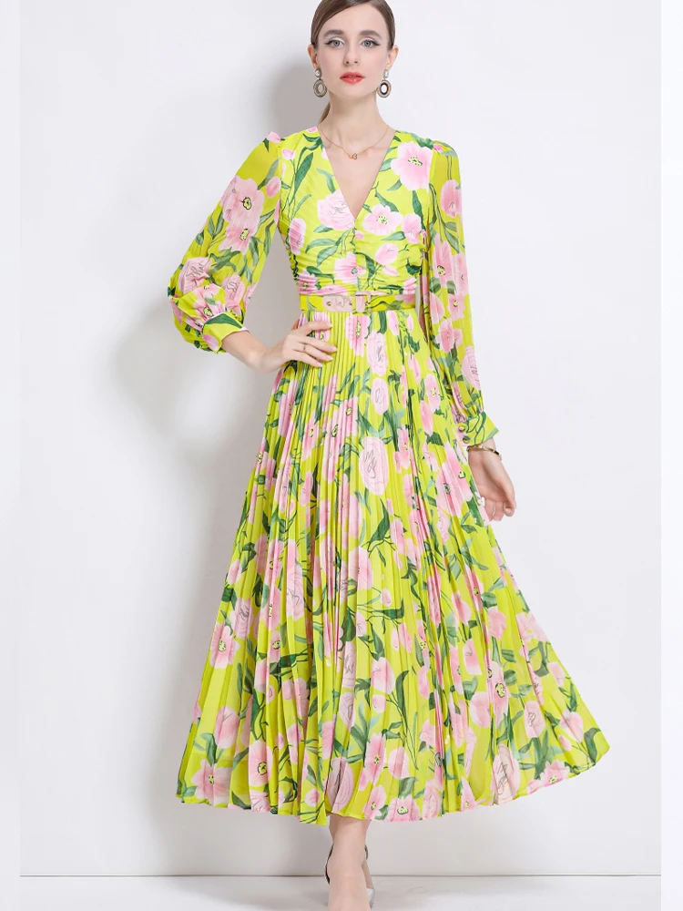 

Elegant Printed V-Neck Long Sleeved Slim Fit Dress 2025 New Fashionable Women'S Clothing