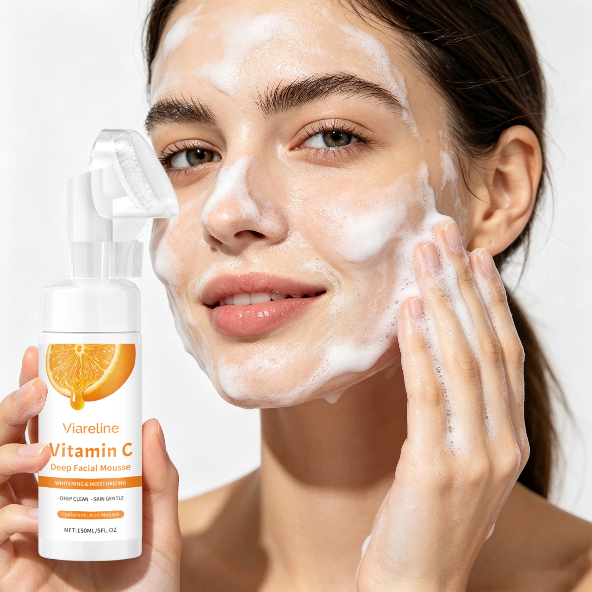 Vitamin C Facial Cleanser Foaming Mousse with Brush For Glowing Skin Aloe Extract pH Balanced Gentle Cleanser for Sensitive Skin