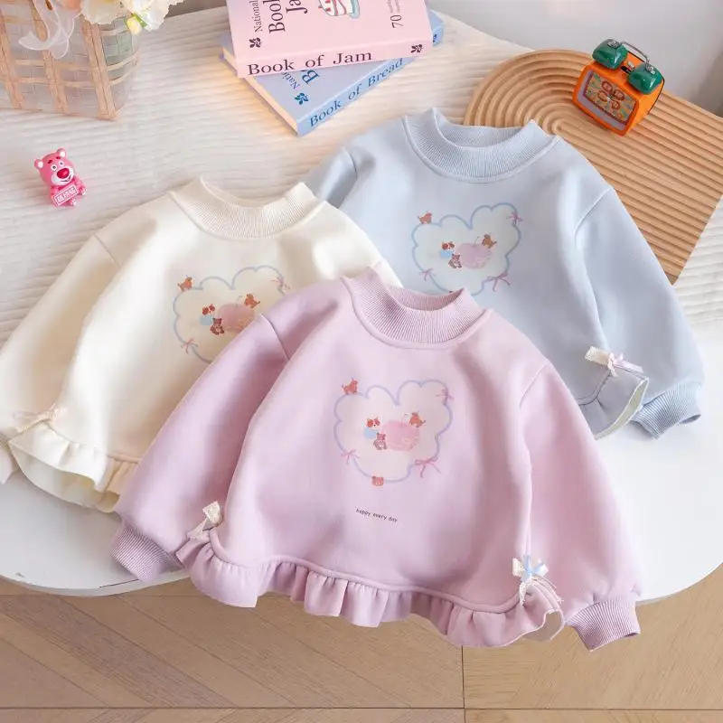 

2025 Girls' Fall/Winter Velvet Sweatshirt Baby Half-Neck Foreign Style Cartoon Print Children's Top Base Shirt