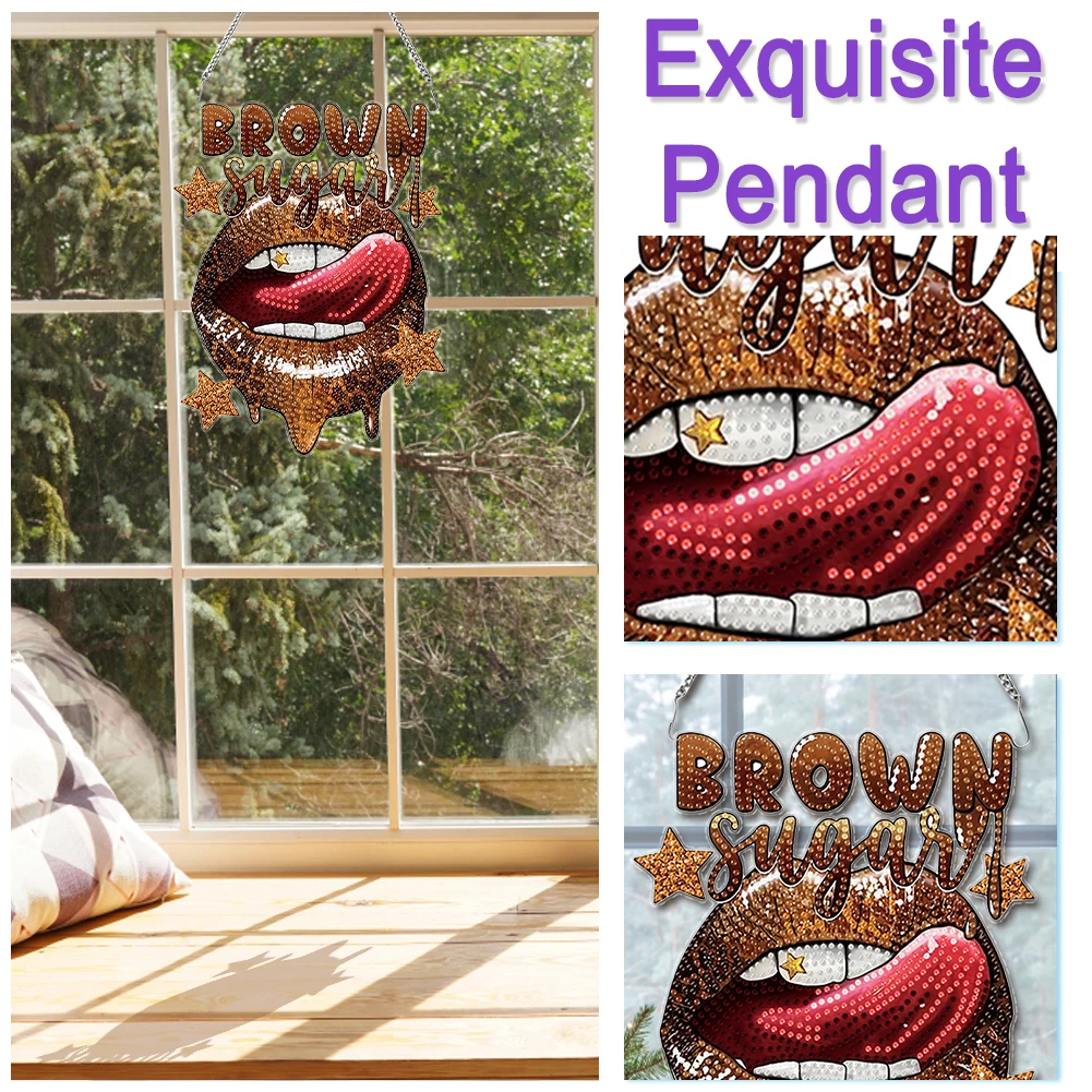 Acrylic Special Shape Colored Lip Diamond Painting Hanging Pendant Rhinestone Diamond Art Pendants for Garden Window Decor