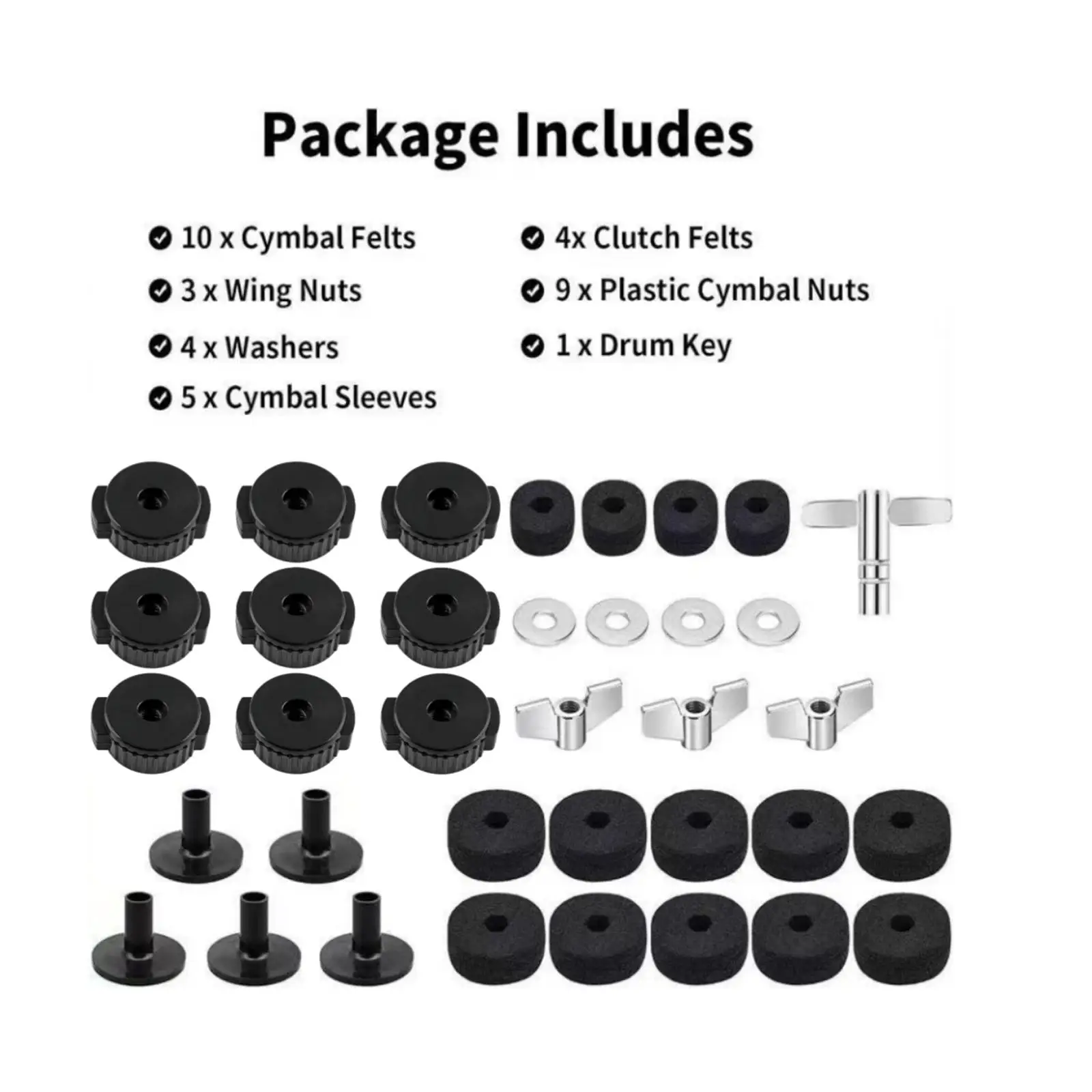 Drum Set Cymbal Stand Felts Pads Cup Wing Nuts Complete Percussion Accessories Pack for Drummers Rehearsals