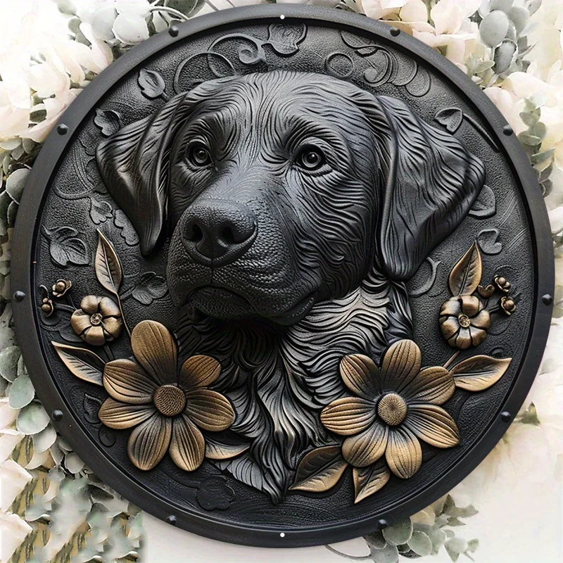 Aluminum Circular Metal Sign Plaque, Black Dog Sculpture with Etched Flower Designs, Wall Art, Home Decor, 8x8Inch, 1Pc