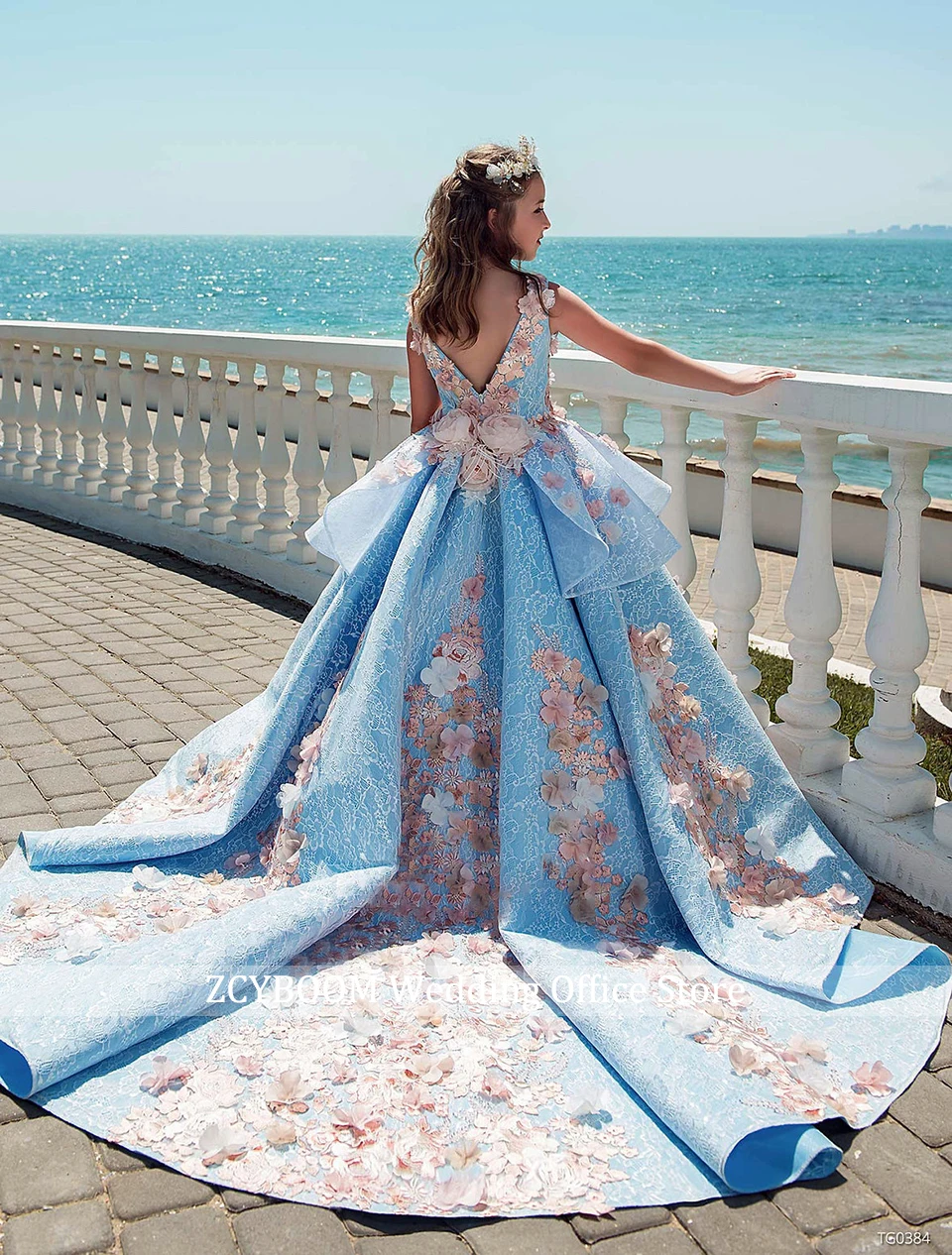 Robe de demoiselle d'honneur en fibre bleu ciel pour mariage, robe de reconstitution historique princesse, fête d'anniversaire, première communion, appliques 3D, élégante, 2023