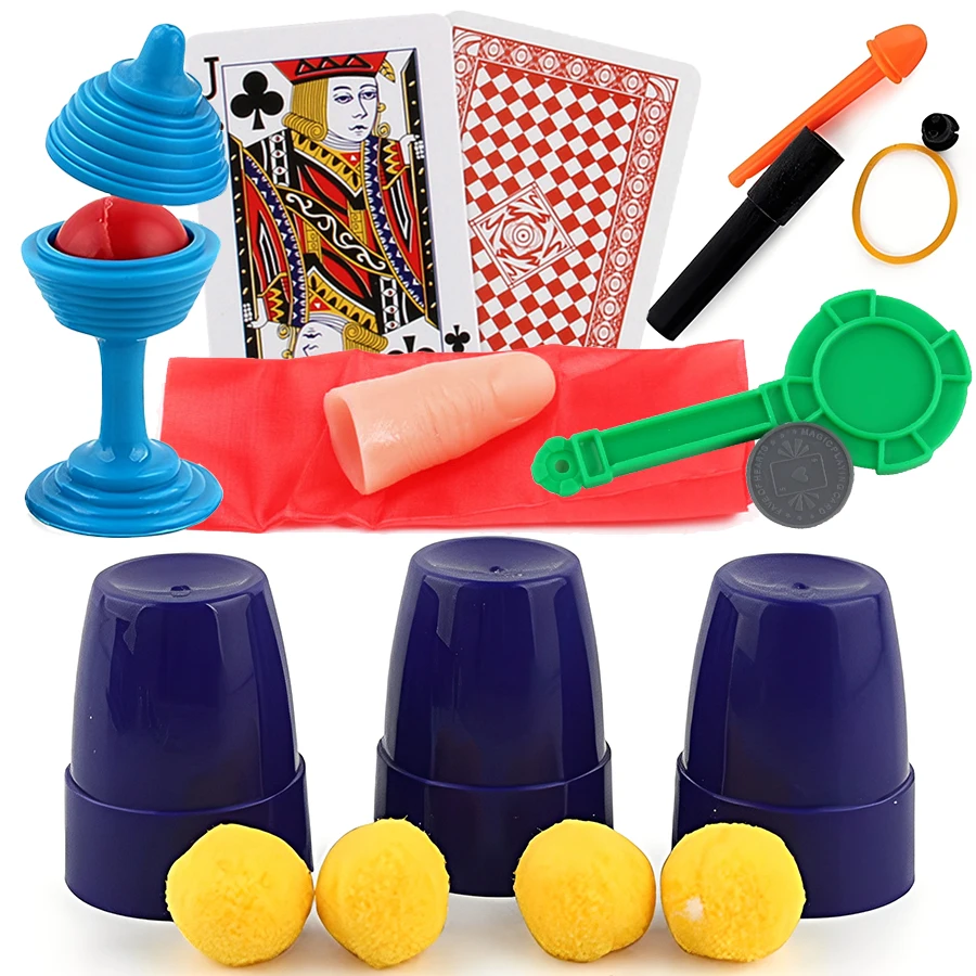Magisches Kombinationsset, Seidenschal, verschwindendes Zaubertricks-Set, verschiedene Requisiten für erstaunliche Bühnenaufführungen, Nahaufnahmen, Magie