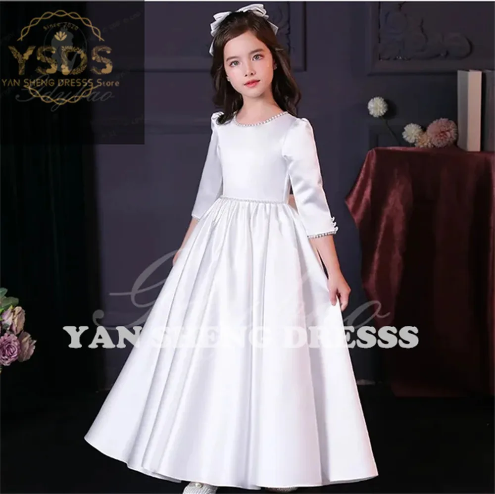 2024 White Satin Stunning Flower Girl Dress Floral Appliques Kids Pageant Gowns Princess Birthday Party Dress