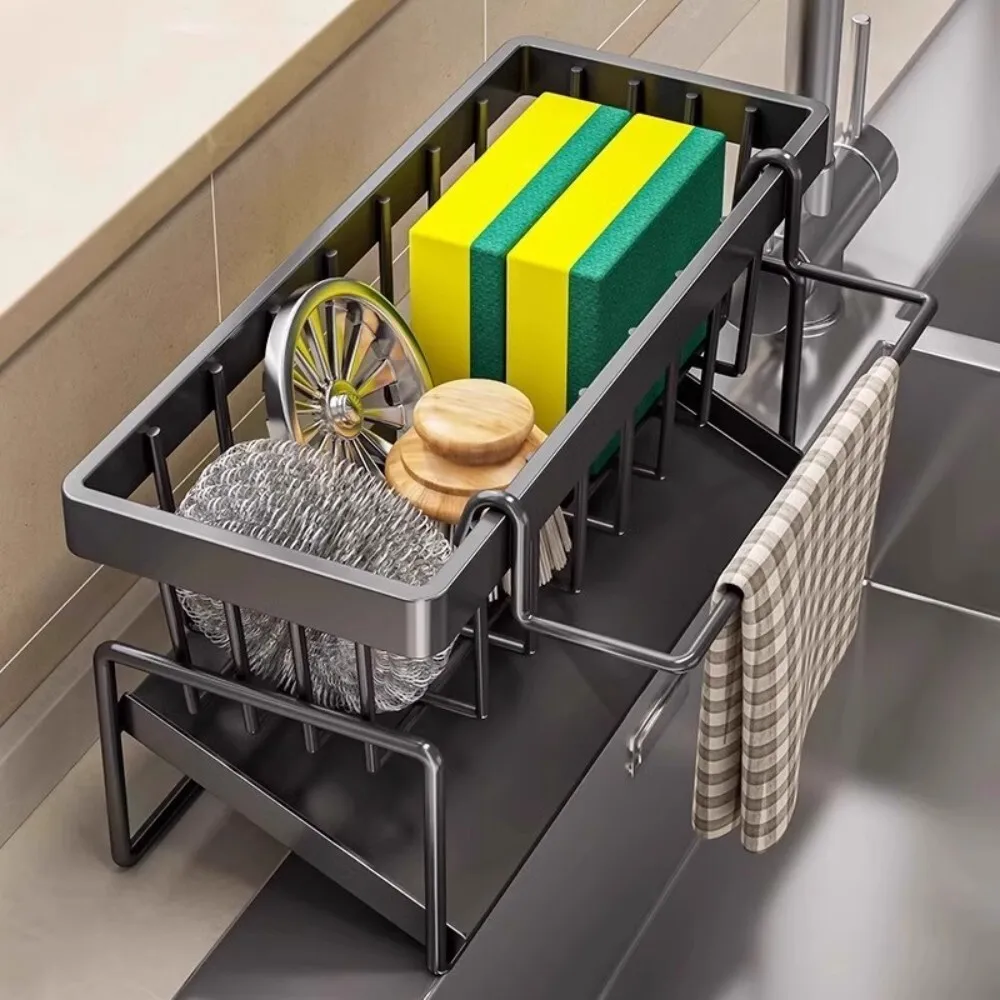 

Sink Side Kitchen Storage Rack for Cloth Towels and Supplies with Drainage Basket No Drilling Installation Required