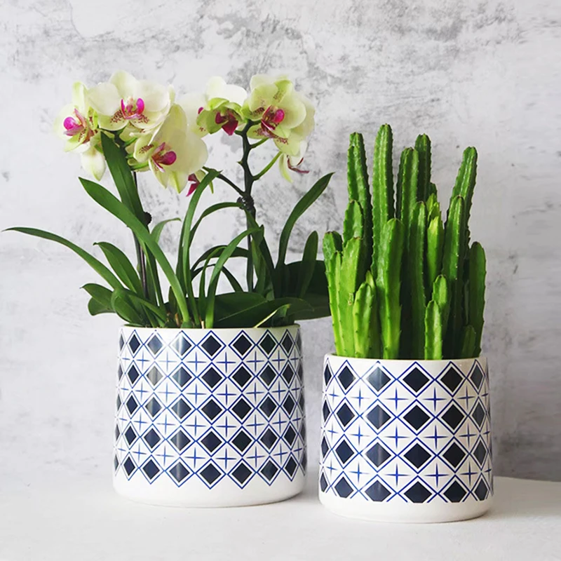 Nordic Ins Simple Blue Plaid Ceramic Succulent Green Plant Minimalist Small Potted Modern Home Indoor Balcony Flowerpot