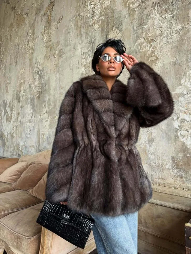 Women's Elegant Fake Fur Jacket Fashion Winter New Sleeve Bell Lapel Long Sleeve Coat Luxury Daily High Street Lady Outwear