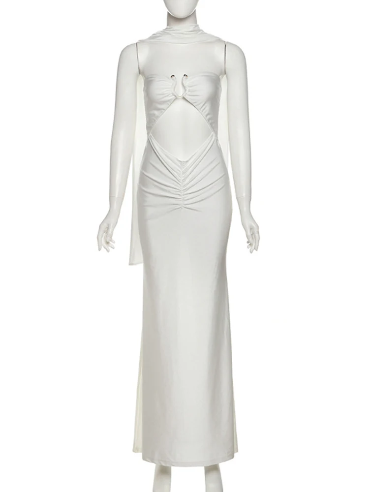 Oniflyme uitgeholde strapless maxi-jurk voor dames effen schuine hals backless ruches bodycon outfit elegante avondfeestjurken