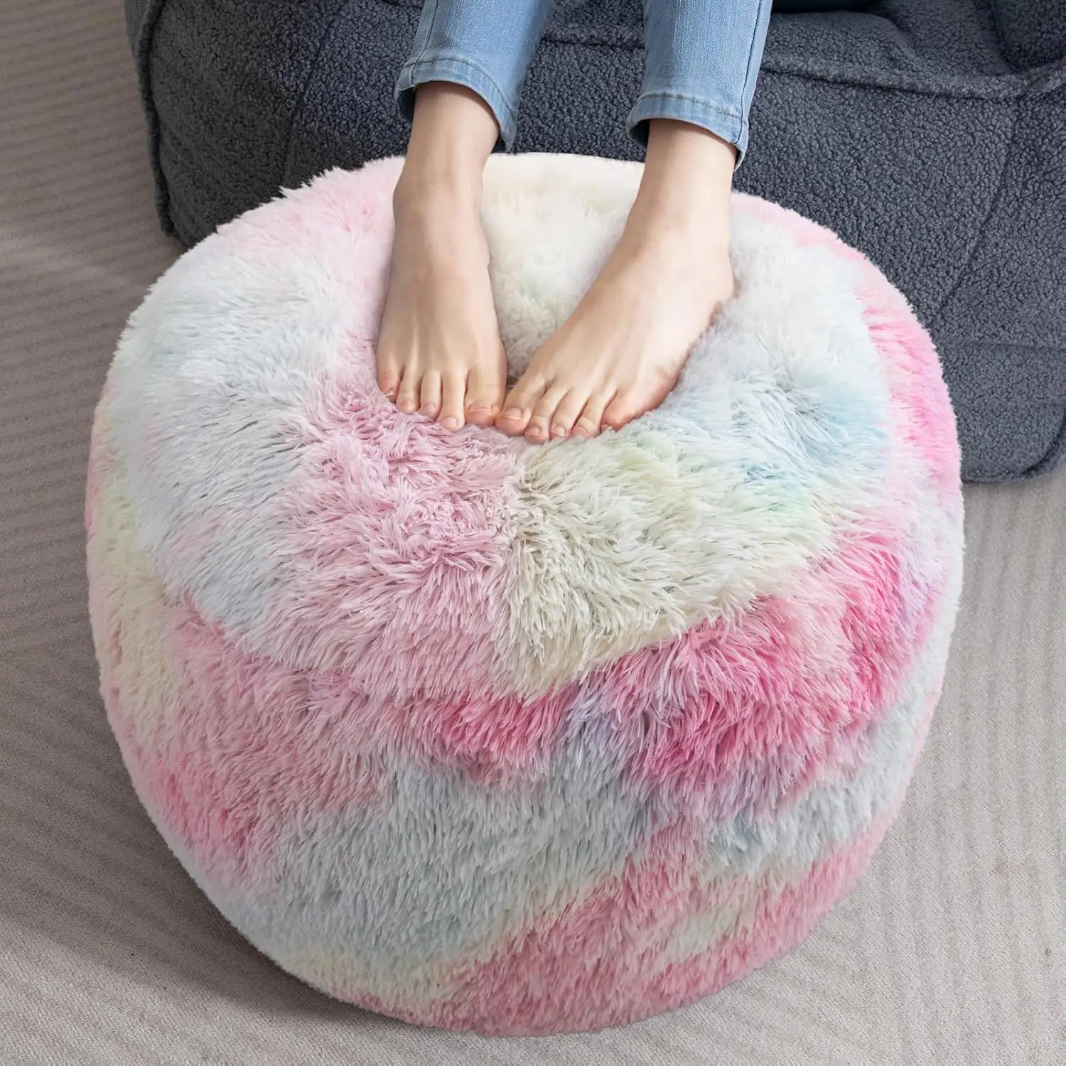 

Round Stuffed Pouf Ottoman, Long Poufs With Foam Chunk Filling, Fluffy And Furry Pouf Foot Stool Storage Ottoman, 20 X 15 Floor