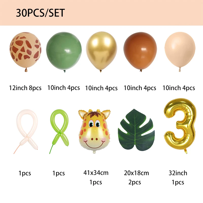 30pcs Girraffe Number Balloons Set Jungle Safari Animal Balloon Kit Kids 1 2 3 Year Birthday Party Decor Avocado Green Balloon