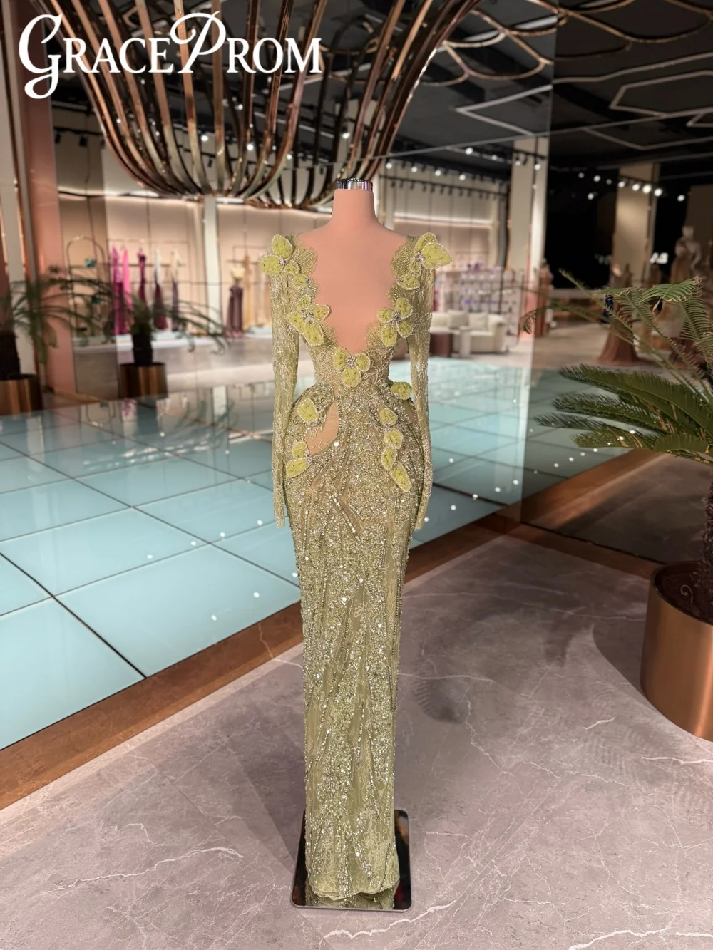 

Светло-зеленое вечернее платье с 3D листьями и бисером, шикарное вечернее платье с глубоким v-образным вырезом, вечернее платье по индивидуальному заказу, гламурное элегантное платье для красной ковровой дорожки