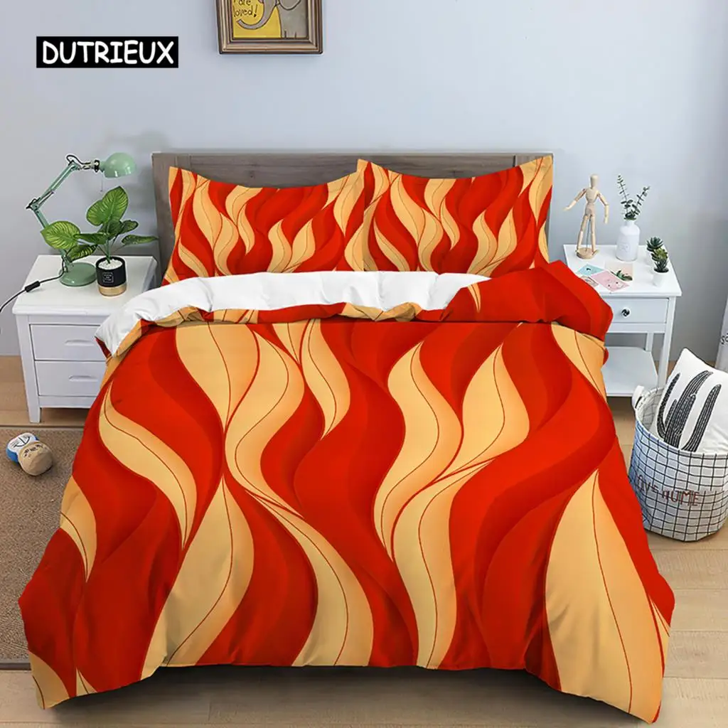 

Geometric Duvet Cover Set Queen Size Red Yellow Stripe Bedding Set Microfiber Abstract Art Theme Quilt Cover with Zipper Closure