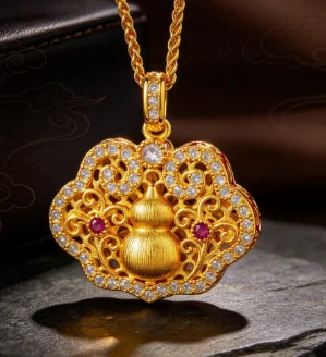 Hollowed-out wire Xiangyun Ruyi gourd inlay pendant advanced 9999gold