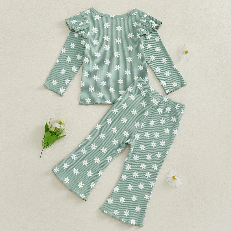 Ensemble de pantalons à fleurs pour filles, t-shirt à col rond à manches longues, pantalon évasé, tenue d'automne pour enfants