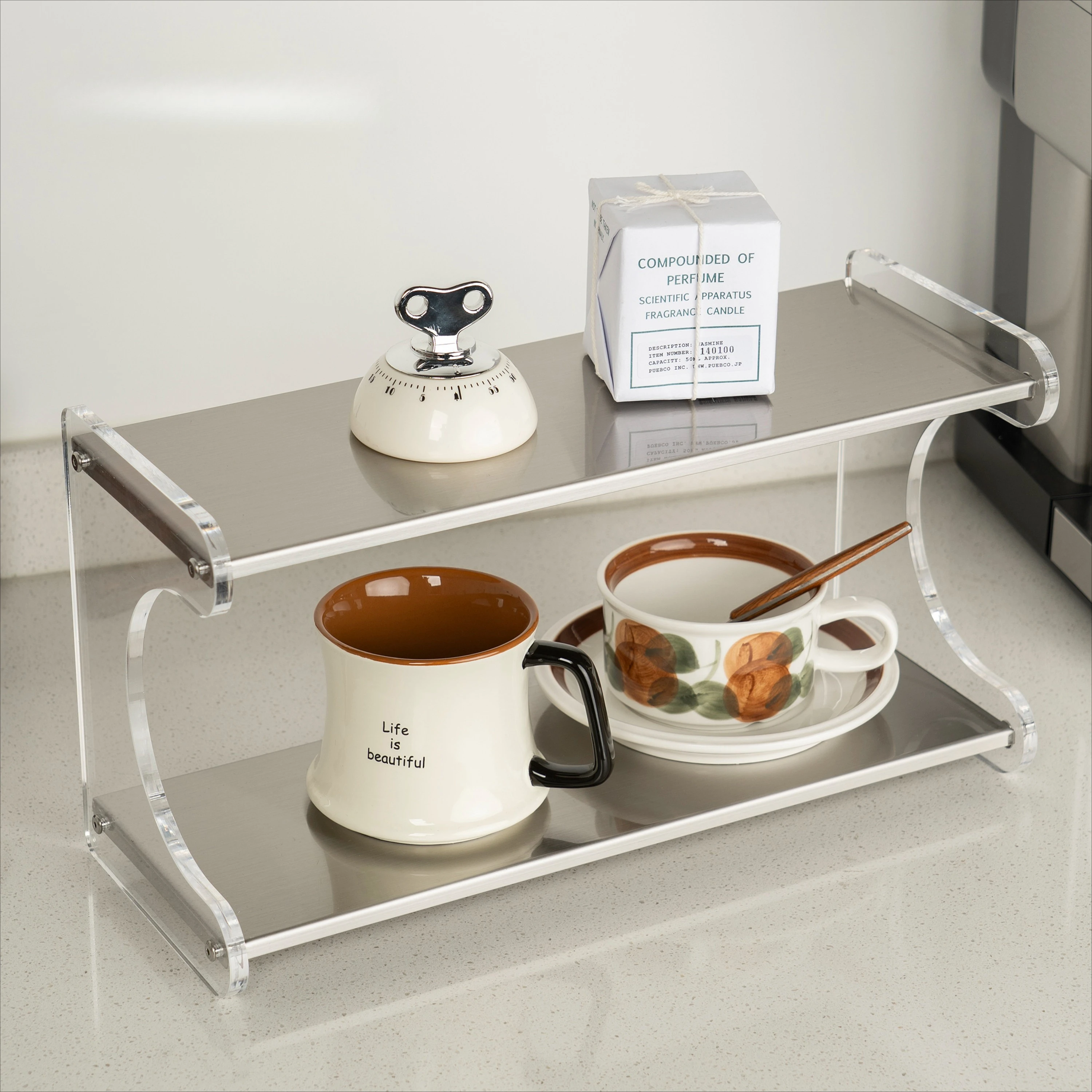Great Stylish Stainless Steel & Acrylic Wavy Multi-Tier Storage Rack, Versatile Cosmetic & Jewelry Organizer for Desktop Vanity.