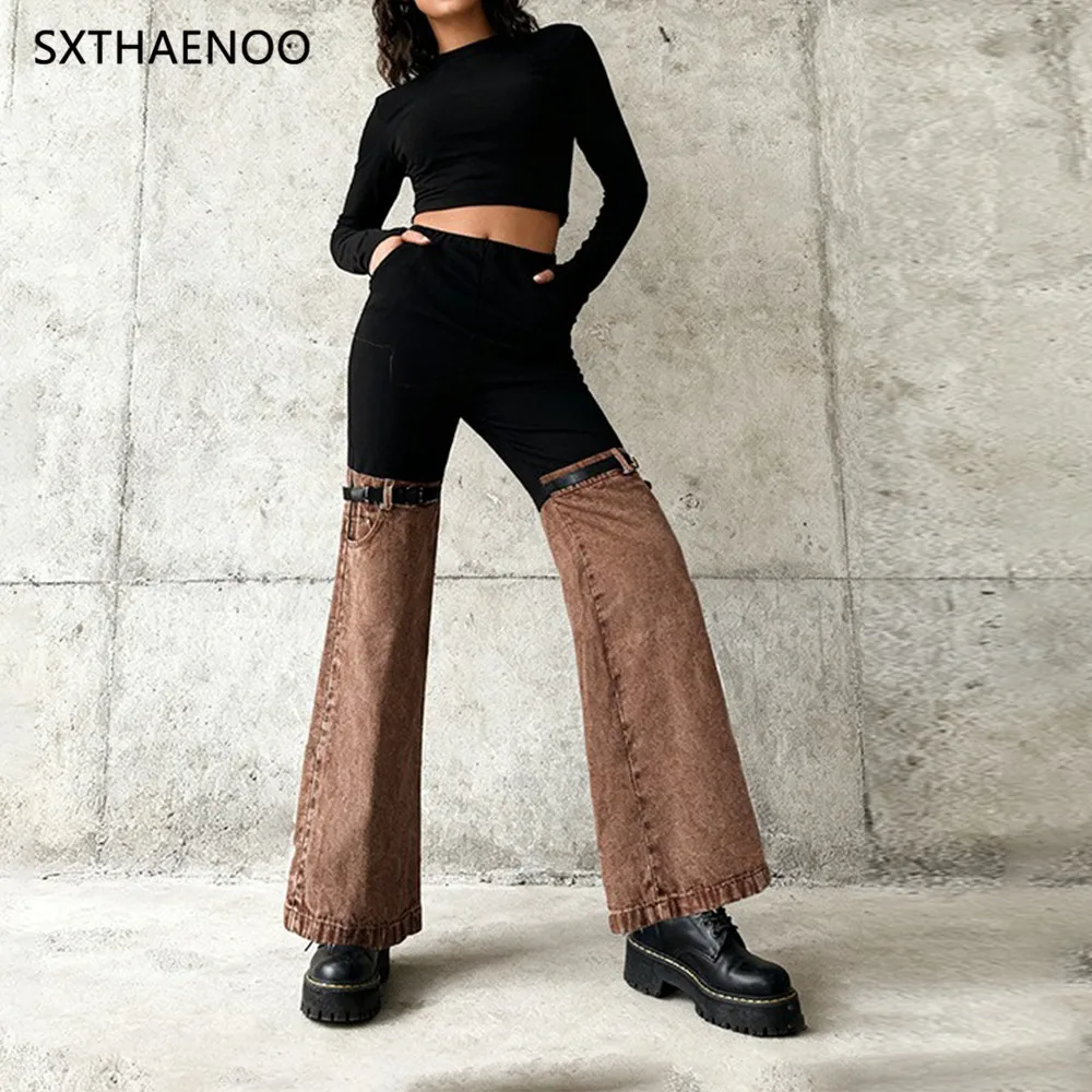 

Элегантные джинсы-клеш SXTHAENOO с высокой талией для женщин, с эффектом похудения, в стиле пэчворк, весенняя новинка, модные джинсовые брюки