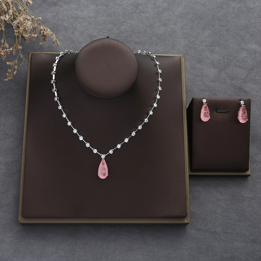 Luxury Multicolor Water Drop Stackable Necklace Earring Set Full Cubic Zircon Fashion Charm Women Party Jewelry Gift N0527