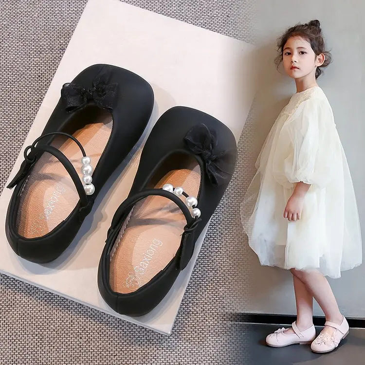 

Kids Flat Shoes Mesh Lace Bow Girls Leather Shoes Soft Sole Non-slip 2025 Spring Autumn Children Princess Shoes Sweet Pearls Ins