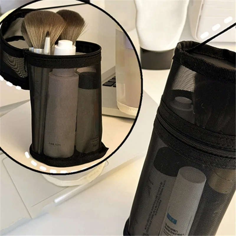 1pc Mesh Dual-use Makeup Brush Storage Bag Portable Simple Large Capacity Brushes Case Bucket Holder Travel Tools Stand-up Bags